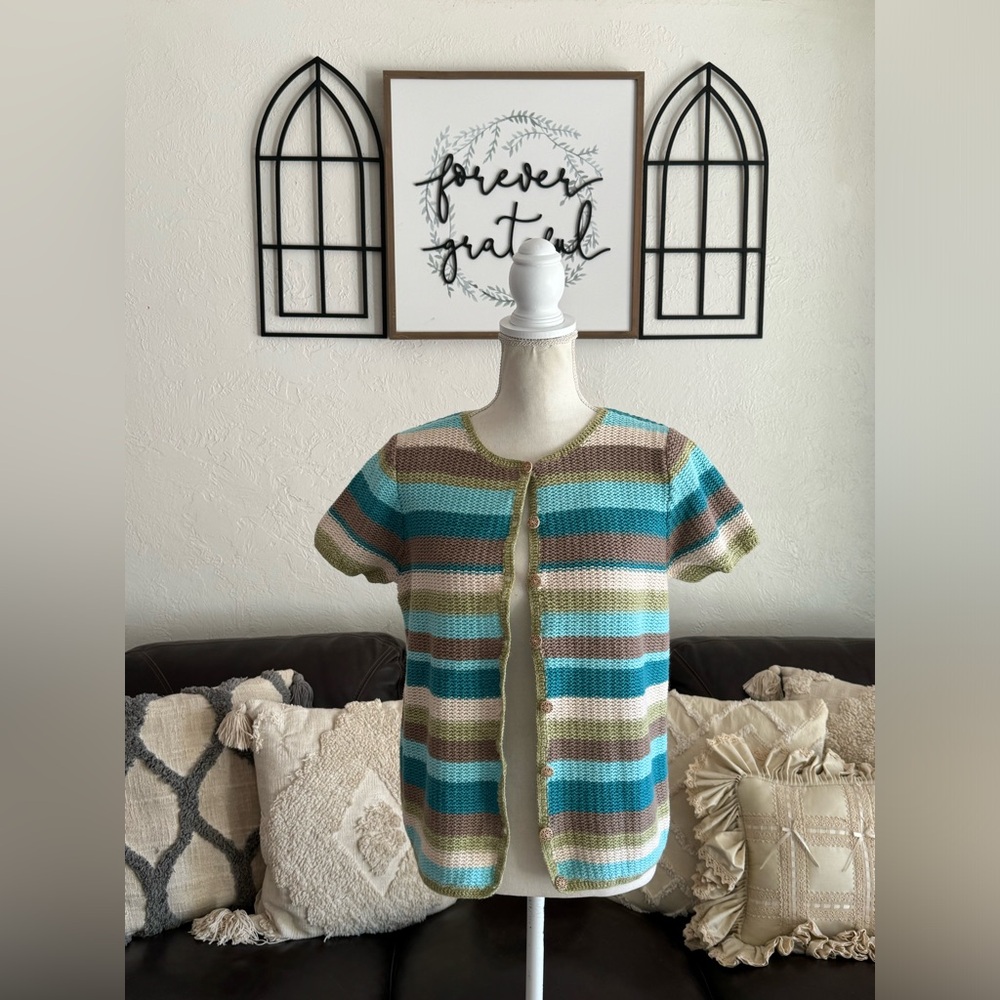 Vintage Coastal Granddaughter Short Sleeve Cardigan Cover Size M Hand Crochet - Picture 2 of 16
